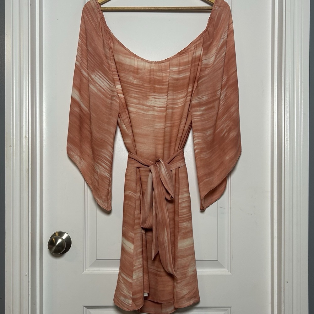Alice + Olivia Silk Peach White Watercolor Kimono Sleeve Belted Mini Dress